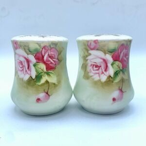 Lefton Heritage Green Pink Roses Floral Vintage Salt And Pepper Shakers